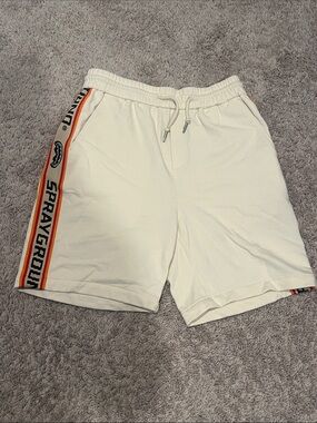 Sprayground White Athletic Shorts with Orange & Black Side Stripe